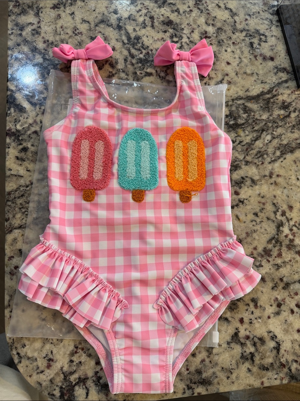 Girls Pink Gingham One-Piece Swimsuit with Popsicle Appliqués